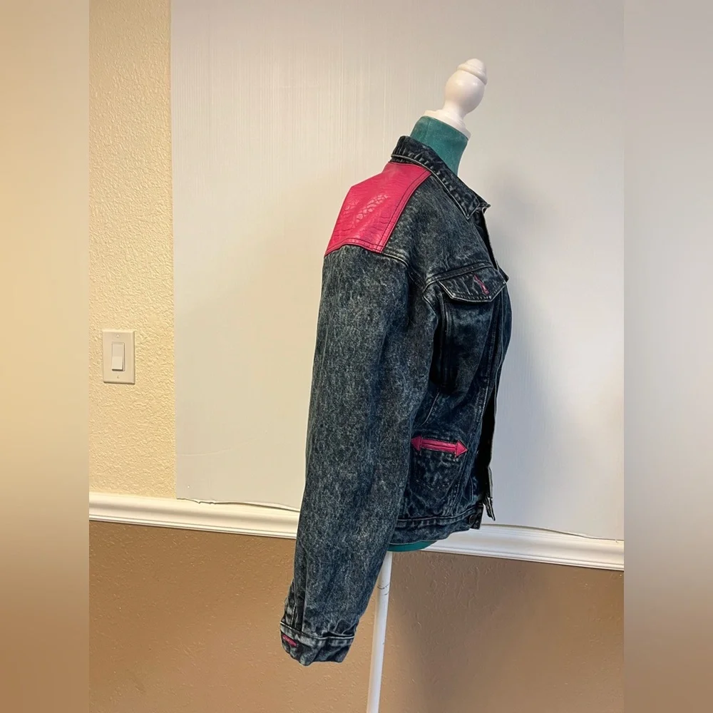 Vintage Sergio of New‎ York Acid Wash Denim Jacket | Pink Leather Yoke Size 9/10